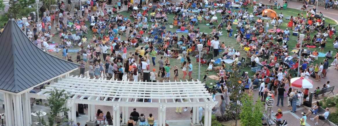 Overhead shot of large crowd at Romare Bearden Park