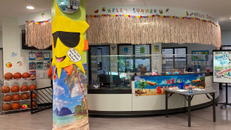 Southview Recreation Center lobby decorated in a summer theme.