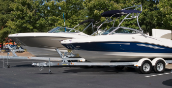 Photo of a ski boat on a trailer.