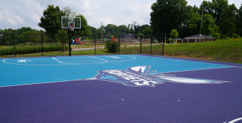 A basketball court painted with the Charlotte Hornets colors and logo at Druid Hills Park