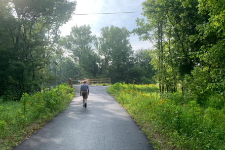 A person walking on Irvins Creek Greenway on a sunny day.